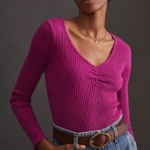 Anthropologie T.la Cinched V-Neck Ribbed Top Pink Rose Size Medium NWT